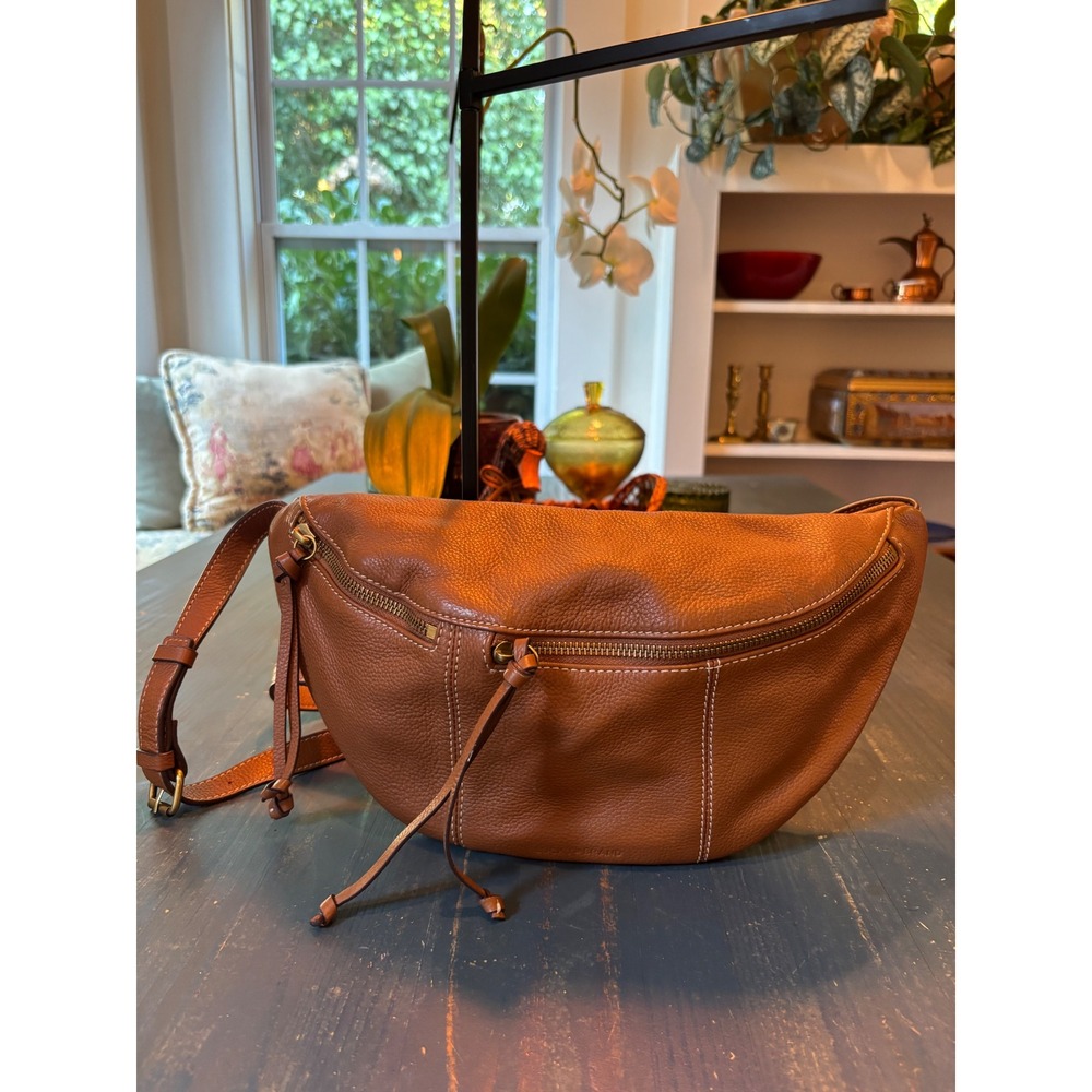 Lucky Brand Cognac Pebbled Leather Crossbody Sling Bag Contrast Stitching
